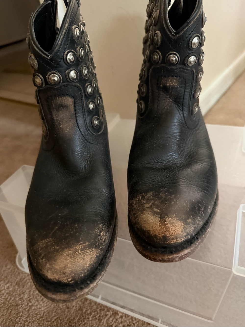 Frye Black Studded Distressed Leather Western Booties - Picture 2 of 9